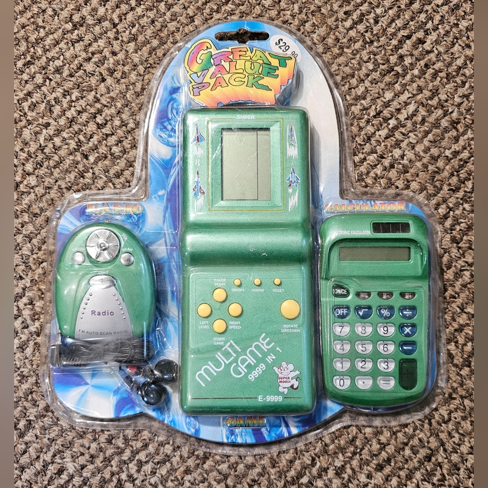 Vintage Multi Game 9999 IN 1 Classic Super Mouse Hand Held w/ Calculator & Radio